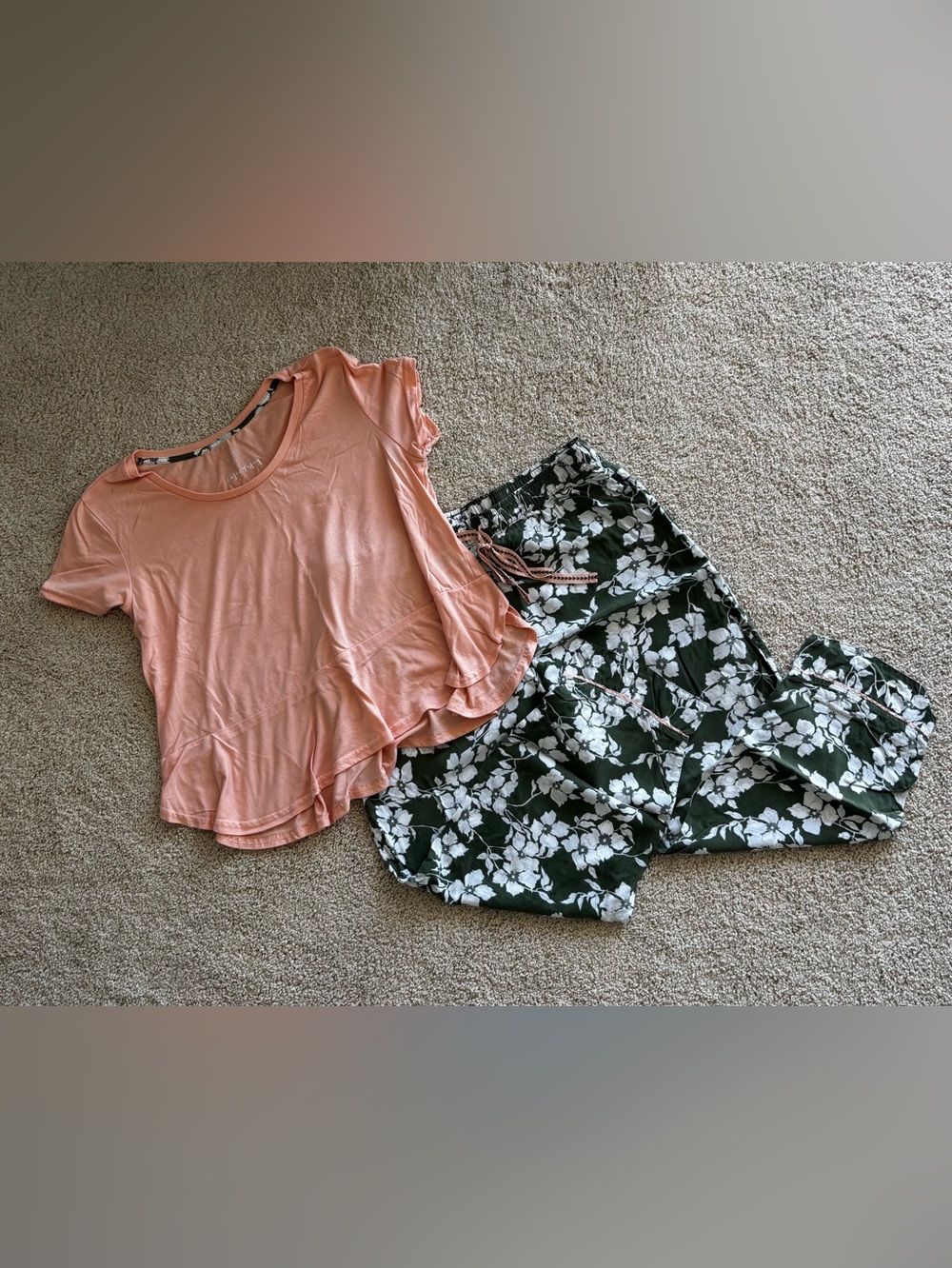 Peach Short-Sleeve Sleep Top and Floral Lounge Capri Bottoms